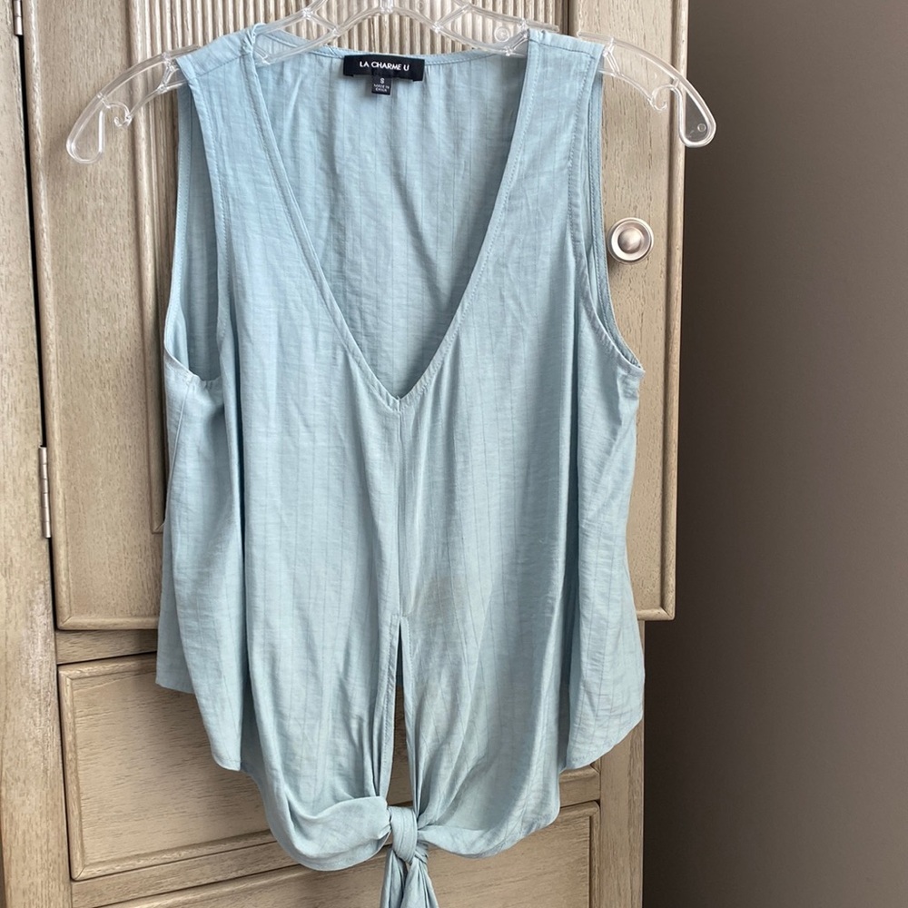 La Charme U S Small tie front dusty blue top tank v-neck boutique